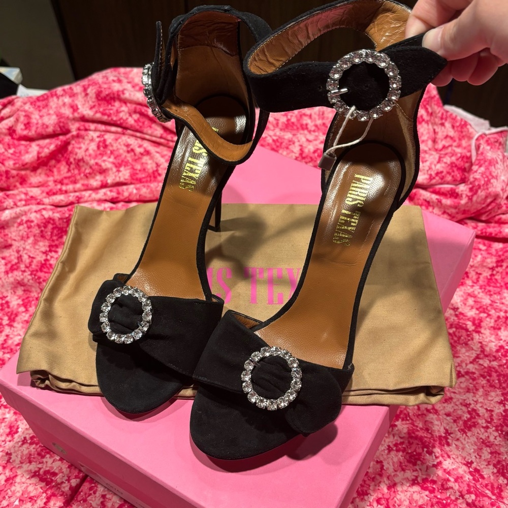 💫NWT💫Paris Texas Black Suede Crystal Buckle Sandals 38 - Picture 2 of 7